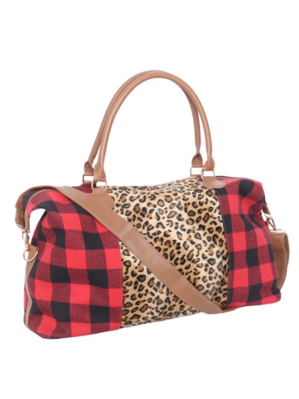 Red Buffalo Plaid & Leopard Print Weekender Bag NWT